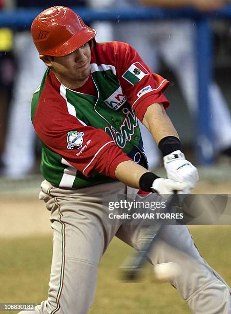 Mexican third base Agustin Murillo hits a foul ball during the fifth inning of the Caribbean Baseball Series game against Venezuela at the Isidoro...