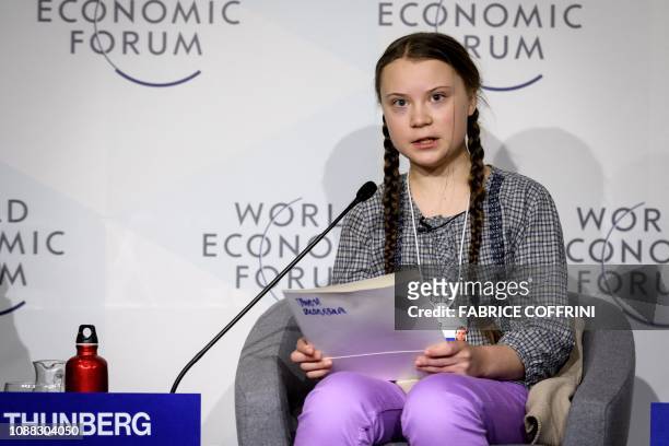 Swedish youth climate activist Greta Thunberg delivers a speech during the closing day of the World Economic Forum annual meeting, on January 25,...