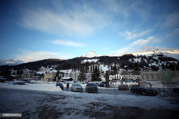 General view of snow covered mountainside during winter season in Davos, Switzerland on January 25, 2019.