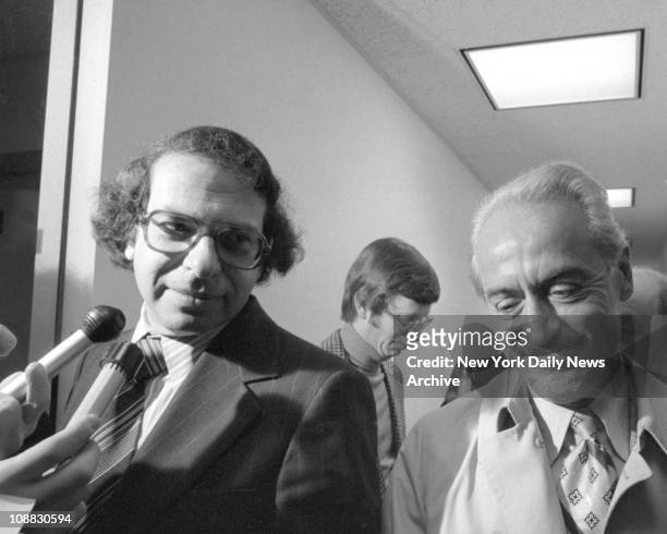 Extra Innings, Baseball players' representatives Dick Moss and Marvin Miller leave Baseball Commissioner Bowie Kuhn's office, 15 W. 51st St., after a...