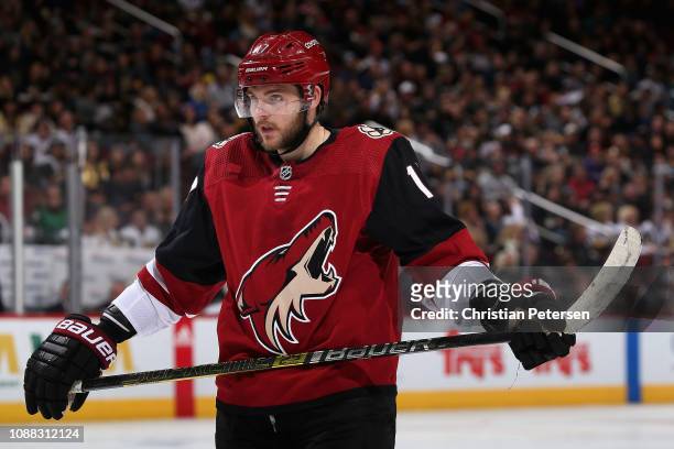 Alex Galchenyuk of the Arizona Coyotes awaits a face-off during the third period of the NHL game against the Vegas Golden Knights at Gila River Arena...