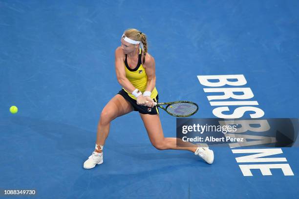 Kiki Bertens of the Netherlands plays a backhand in her match against Elise Mertens of Belgium during day two of the 2019 Brisbane International at...