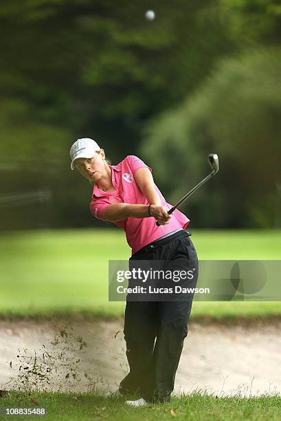 Christel Boeljon of the Netherlands plays a shot during day three of the Women's Australian Open at The Commonwealth Golf Club on February 5, 2011 in...