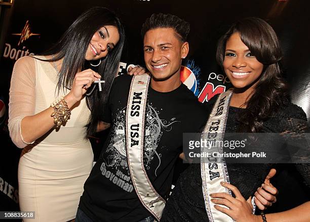 Miss USA Rima Fakih, DJ Pauly D and Miss Teen USA Kamie Crawford attend the PepsiCo Super Bowl Weekend Kickoff Party featuring Lenny Kravitz and DJ...