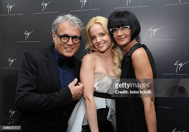 Designer Giuseppe Zanotti, actress Mena Suvari and Cinzia Zanotti attend the Giuseppe Zanotti Design Beverly Hills Store Opening cocktail reception...