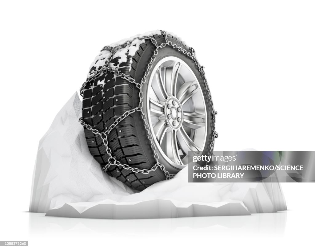Snow chain on tyre, illustration
