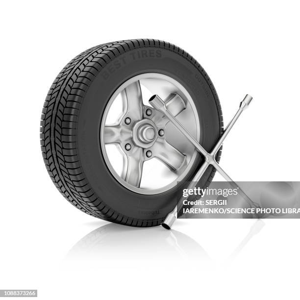 car wheel with tyre wrench, illustration - wrench stock illustrations