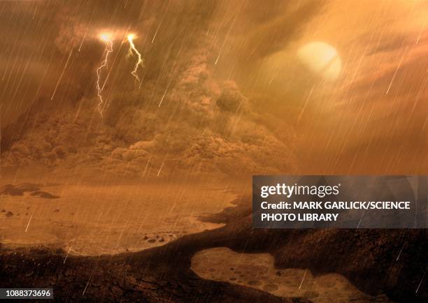 dust storm on titan, illustration - space mission stock illustrations