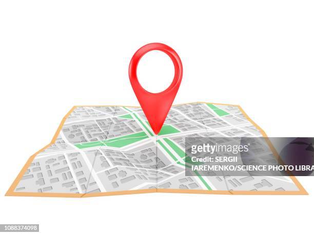 location pin on city map, illustration - stecknadel stock-grafiken, -clipart, -cartoons und -symbole