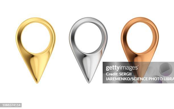 gold, silver and bronze location pins, illustration - 2018 silver stock illustrations