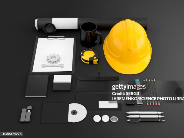 construction industry, illustration - construction hat black background stock illustrations