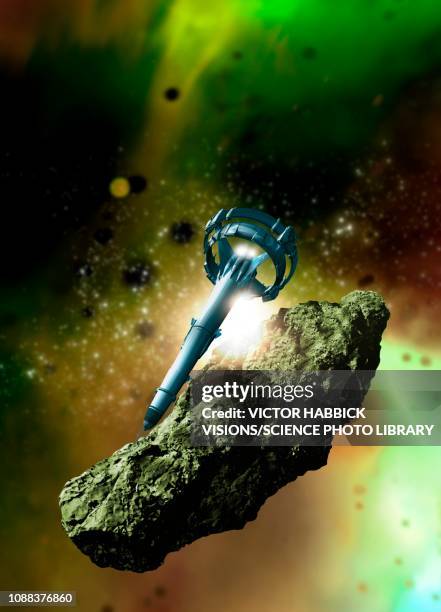 space rocket hitting asteroid, illustration - asteroid stock illustrations