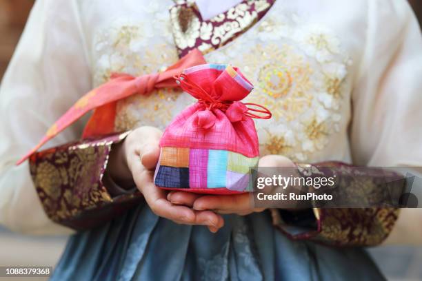 woman wearing korean traditional clothes holding lucky bag - chuseok stock pictures, royalty-free photos & images