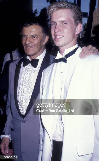 Actor Cornel Wilde and son Cornel Wilde Jr. Attend the screening of "Pirates" on July 17, 1986 at the Academy Theater in Beverly Hills, California.