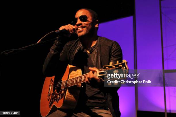Musician Lenny Kravitz performs during the PepsiCo Super Bowl Weekend Kickoff Party featuring Lenny Kravitz and DJ Pauly D at Wyly Theater on...