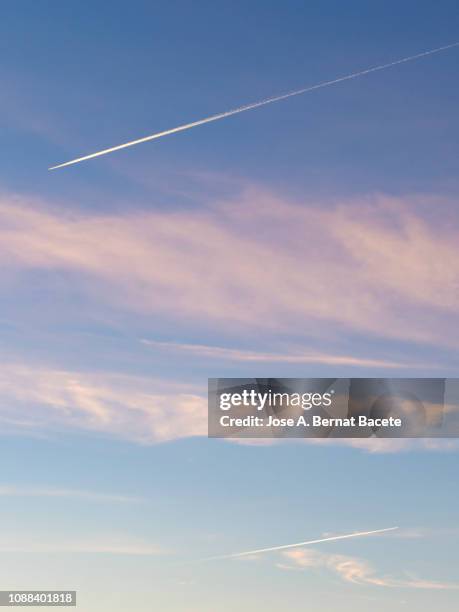 full frame of clouds of colors in sky during sunset with the stele of smoke of a plane crossing the sky. - sunset contrail stock pictures, royalty-free photos & images