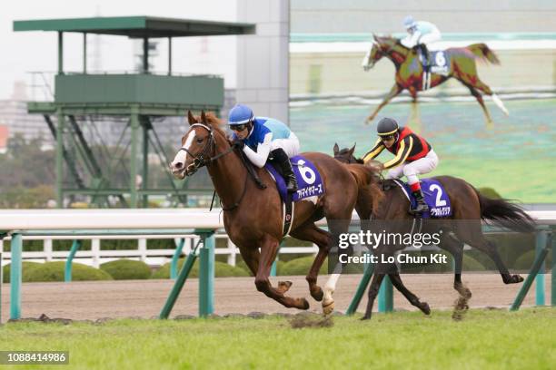 Jockey Mirco Demuro riding Admire Mars wins the Race 11 Asahi Hai Futurity Stakes at Hanshin Racecourse on December 16, 2018 in Takarazuka, Japan.