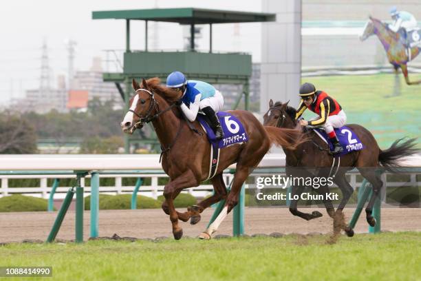 Jockey Mirco Demuro riding Admire Mars wins the Race 11 Asahi Hai Futurity Stakes at Hanshin Racecourse on December 16, 2018 in Takarazuka, Japan.