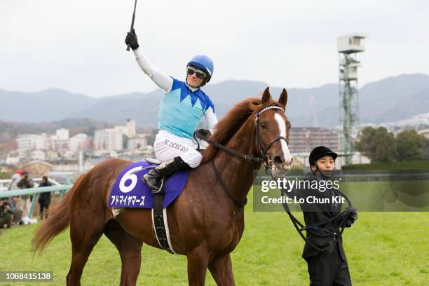 Jockey Mirco Demuro riding Admire Mars wins the Race 11 Asahi Hai Futurity Stakes at Hanshin Racecourse on December 16, 2018 in Takarazuka, Japan.