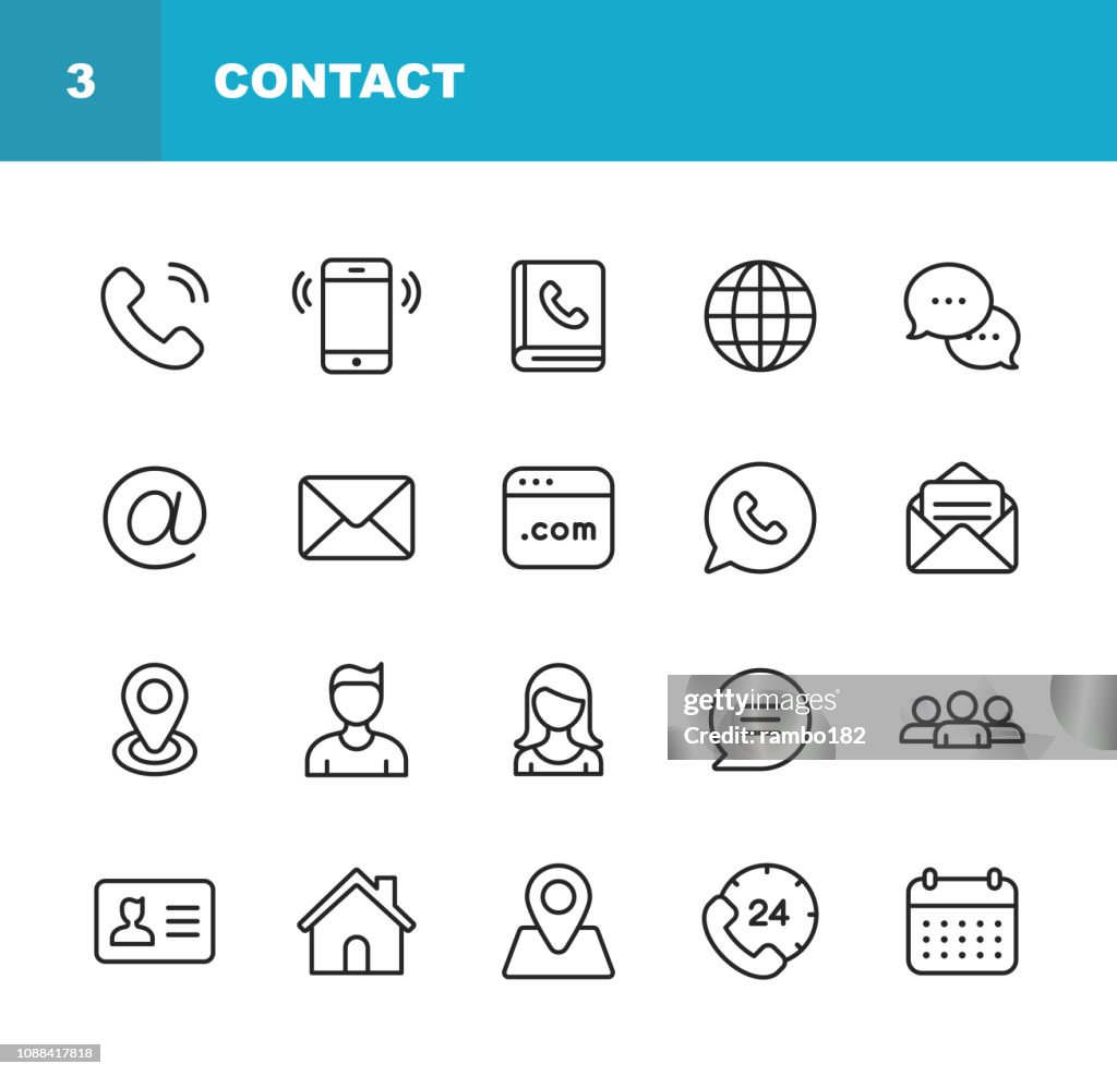 Kontaktlinie Icons. Editierbare Schlaganfall. Pixel Perfect. Für Mobile und Web. Ikonen wie Smartphone, Messaging, E-Mail, Kalender, Standort enthält.
