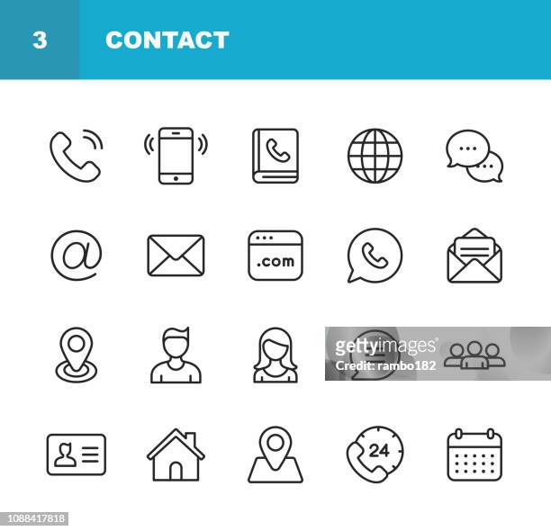 illustrations, cliparts, dessins animés et icônes de icônes de la ligne de contact. modifiables en course. pixel perfect. pour web et mobile. contient des icônes comme smartphone, messagerie, courrier électronique, calendrier, emplacement. - téléphone mobile