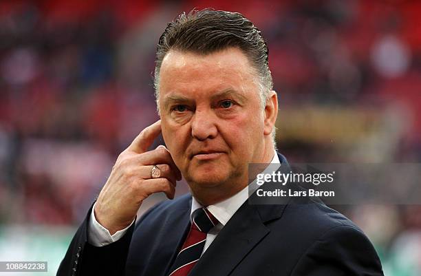 Head coach Louis van Gaal of Muenchen looks on prior to the Bundesliga match between 1. FC Koeln and FC Bayern Muenchen at RheinEnergieStadion on...