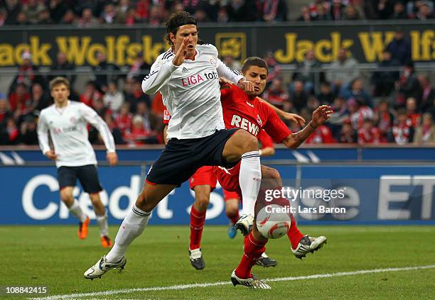 Mario Gomez of Muenchen is challenged by Youssef Mohamad of Koeln during the Bundesliga match between 1. FC Koeln and FC Bayern Muenchen at...