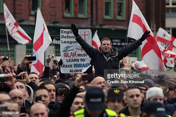 Members of the English Defence League gather for a demonstration against radical Islamism on February 5, 2011 in Luton, England. A counter...