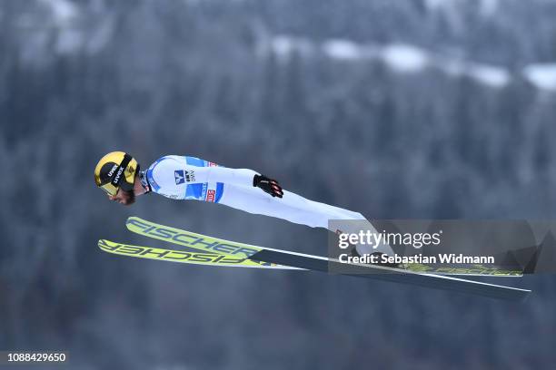 Lukas Hlava of the Czech Republic competes on day 3 of the 67th FIS Nordic World Cup Four Hills Tournament ski jumping event on December 31, 2018 in...