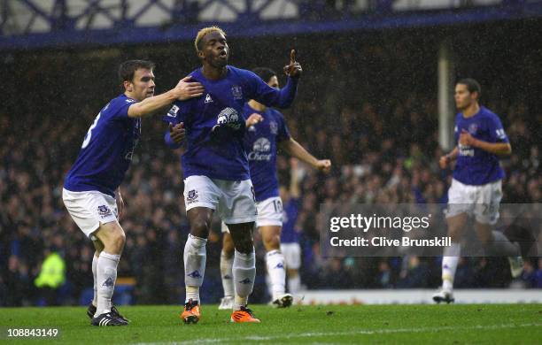 Louis Saha of Everton celebrates after scoring the first goal during the Barclays Premier League match between Everton and Blackpool at Goodison Park...