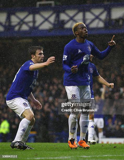 Louis Saha of Everton celebrates after scoring the first goal during the Barclays Premier League match between Everton and Blackpool at Goodison Park...