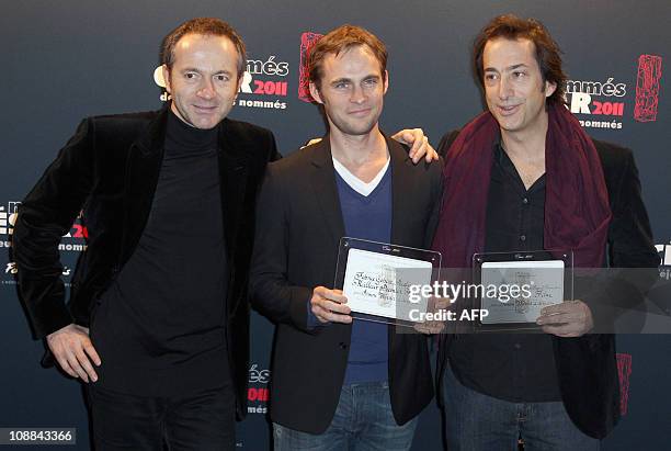 From L to R, producer Xavier Rigault, director Fabrice Gobert and producer Marc-Antoine Robert, French film awards Cesars nominees for best first...