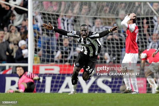 Newcastle United's Ivorian midfielder Cheik Tiote celebrates scoring their equalizing goal during the English Premier League football match between...