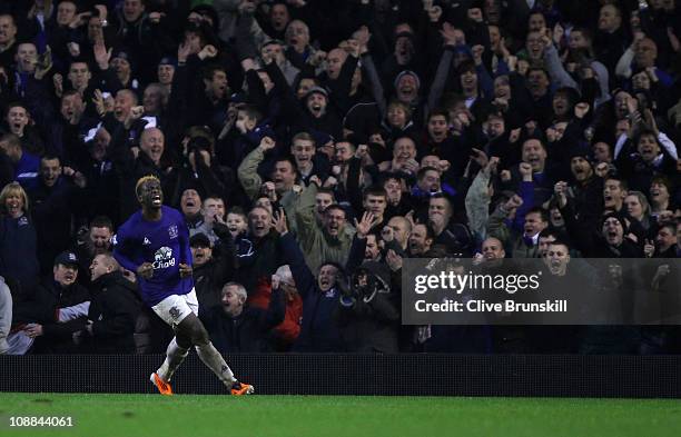 Louis Saha of Everton runs away to celebrate after scoring his teams third goal and equalizer during the Barclays Premier League match between...