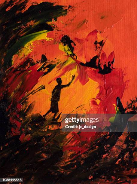 illustrations, cliparts, dessins animés et icônes de art abstrait de garçon tendre la main à travers un feu - tend fire