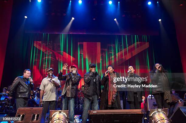 Ali Campbell, Dennis Bovell, Big Youth, Brinsley Forde, Carroll Thompson, Pauline Black and Janet Kay perform the finale of the Reggae Britannia...