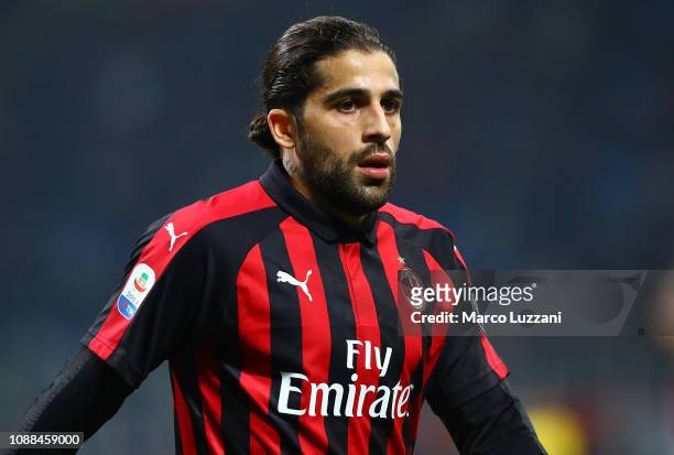 Ricardo Rodriguez of AC Milan looks on during the Serie A match between AC Milan and SPAL at Stadio Giuseppe Meazza on December 29, 2018 in Milan,...