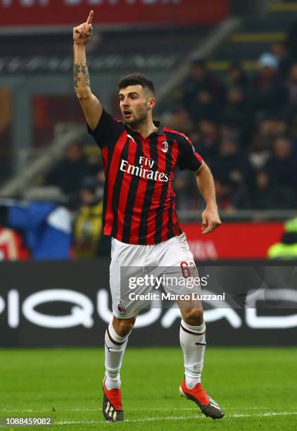 Patrick Cutrone of AC Milan gestures during the Serie A match between AC Milan and SPAL at Stadio Giuseppe Meazza on December 29, 2018 in Milan,...