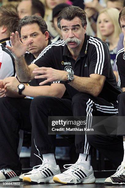 Head coach Heiner Brand of Germany gestures during a friendly game between Germany and the Handball Bundesliga Allstars at Arena on February 5, 2011...