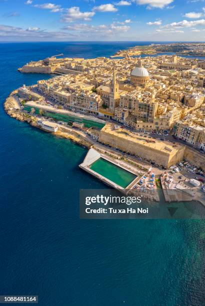 valletta, malta capital, view from above - malta boat stock pictures, royalty-free photos & images