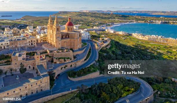 parish church of mellieha view from above - malta aerial stock pictures, royalty-free photos & images