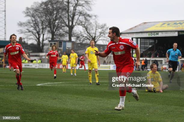 Matthew Tubbs of Crawley Town celebrates scoring the first goal during the FA Cup sponsored by E.ON 4th round match between Torquay United and...