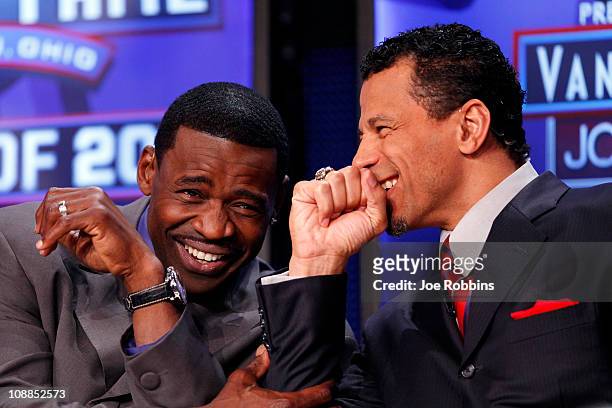 Pro Football Hall of Famers Michael Irvin and Rod Woodson share a laugh on the NFL Network set prior to the announcement of the 2011 Pro Football...