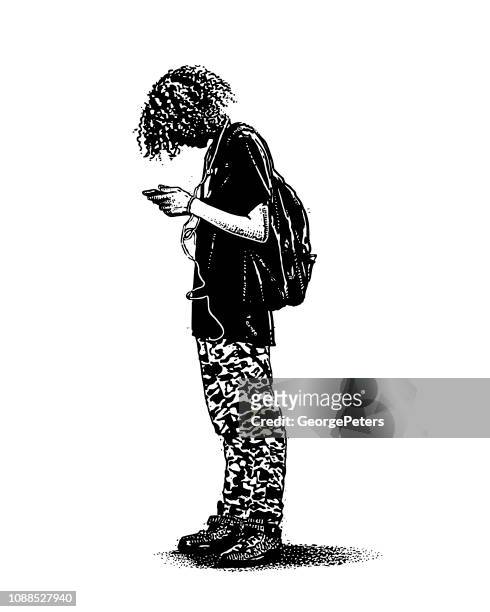 hipster boy using phone and listing to music - bad hair day stock illustrations