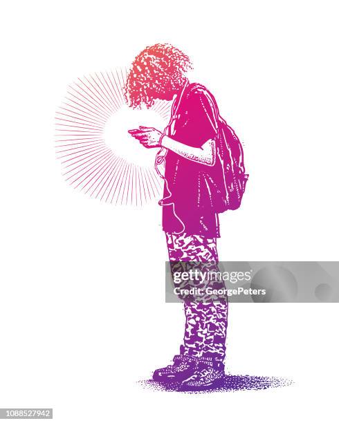 hipster boy using phone and listing to music - gender fluid stock illustrations