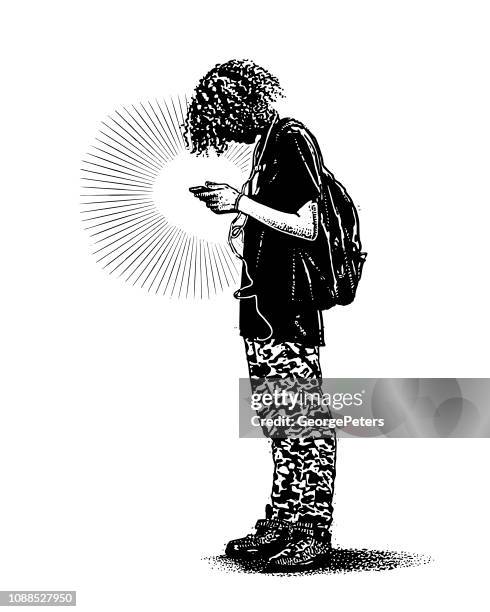 ilustrações de stock, clip art, desenhos animados e ícones de hipster boy using phone and listing to music - androgynous