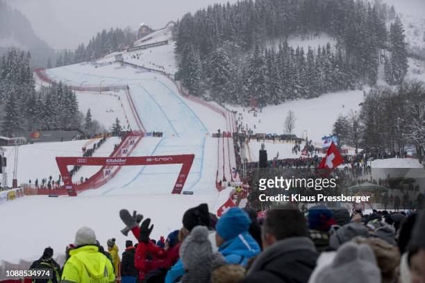 Feature of the streif downhill track with fans during the Audi FIS Alpine Ski World Cup - Men's Downhill on January 25, 2019 in Kitzbuehel, Austria.
