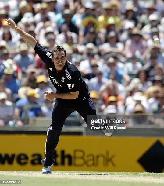 Michael Yardy of England bowls during game seven of the Commonwealth Bank One Day International Series between Australia and England at WACA on...