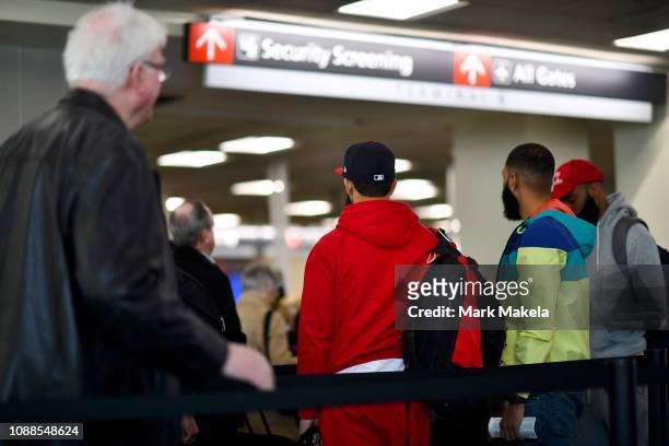 Travelers wait in long lines after Philadelphia Airport TSA and airport workers held a protest rally outside the Philadelphia International Airport...