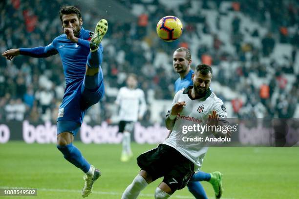 Ricardo Quaresma of Besiktas in action against Egemen Korkmaz of Buyuksehir Belediye Erzurumspor during a Turkish Super Lig week 19 soccer match...